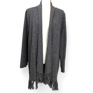 Carole Little Cardigan Women's Large 100% Wool Gray Fringe Open Front